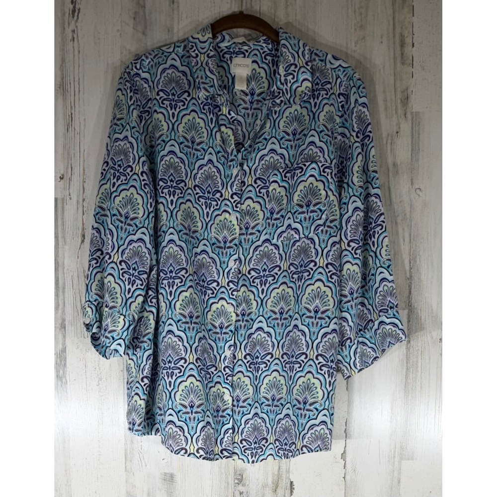 Chicos Linen Button Up Blouse Size 3 or XL Blue Floral Damask No-Iron 3/4 Sleeve